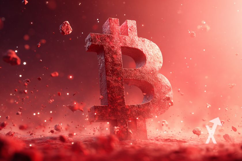 Bitcoin logo en rouge sur fond rouge avec des pierres qui éclatent et de la fumée