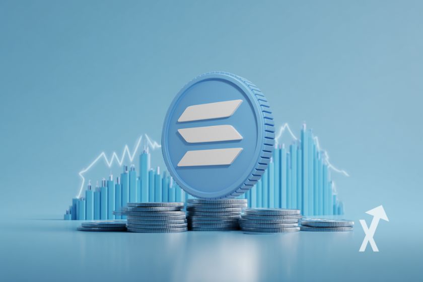 COin 3D de Solana SOL en bleu posé sur d'autres jetons avec un trendline de prix en fond sur fond bleu ciel