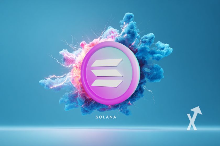 Solana coin 3D dans un nuage violet rose et bleu, le tout sur un fond bleu ciel