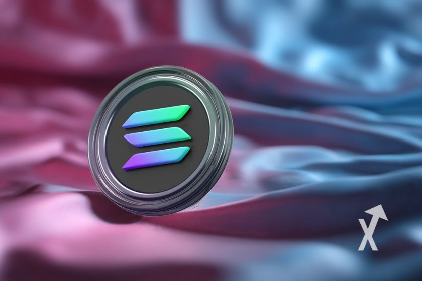 Coin Solana en 3D sur un drapeau des USA ondulé