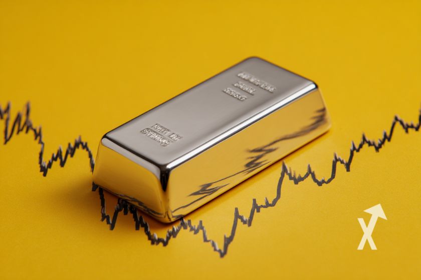 Lingot de silver sur un fond jaune avec une trendline chart price en fond