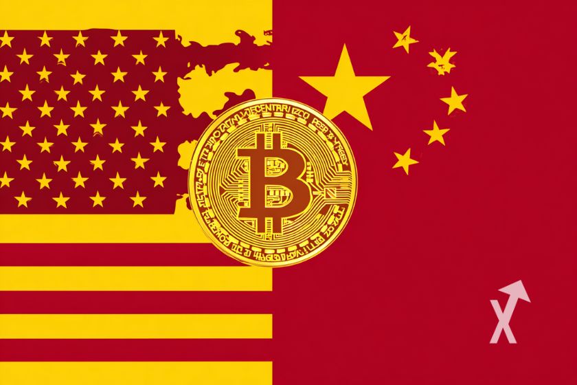 Bitcoin logo en jaune sur un drapeau mélange entre drapeau US et chinois en rouge et jaune