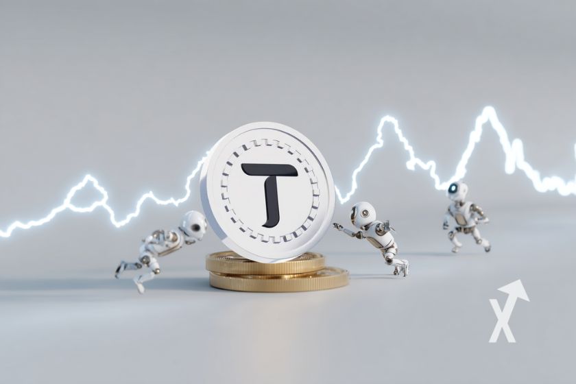 Coin 3D du TAO Bittensor avec des petits robots sur un fond blanc