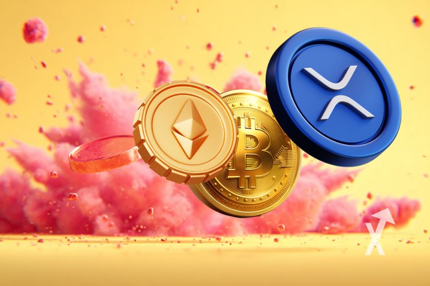 3 coins 3D de XRP, ETH et Bitcoin avec de la fumée rouge derrière et un fond jaune