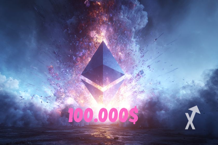 Logo Ethereum sur fond violet avec de la fumée bleue autour et une écriture "100.000 dollars" en dessous du logo en rose