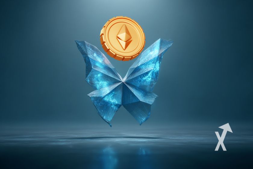 Papillon bleue bumérique vec un jeton d'Ethereum au dessus sur un fond bleu nuit