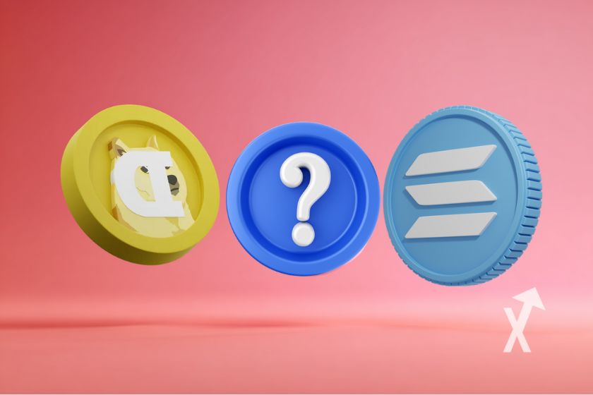 3 coins 3D avec du SOL et du DOGE sur un fond rose et de l'électricité autours des jetons