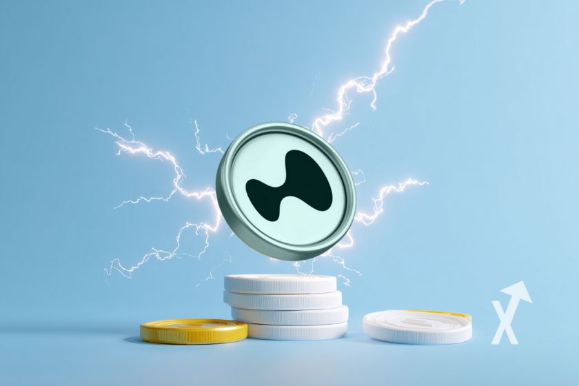 Jeton HYPE de Hyperliquid sur d'autres coins sur un fond bleu avec de l'électricité autour