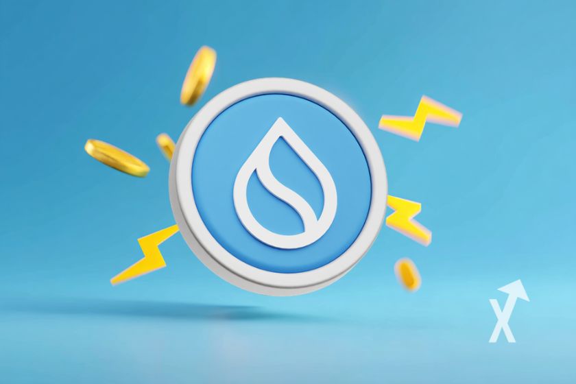 coin 3D du sui sur un fond bleu avec des éclairs jaunes autour