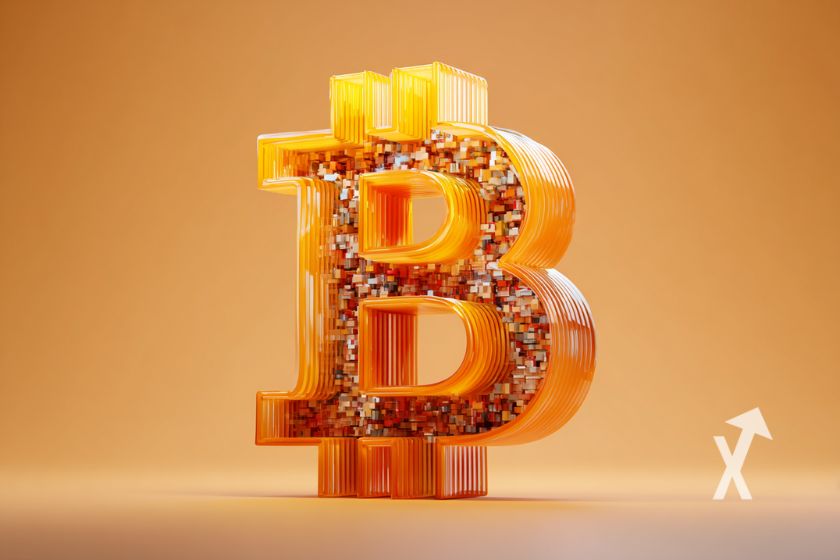 Bitcoin logo en 3D et orange avec un fond orange
