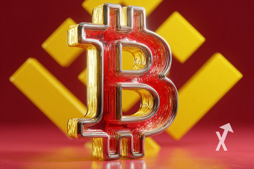 Bitcoin logo devant un logo Binance sur un fond rouge