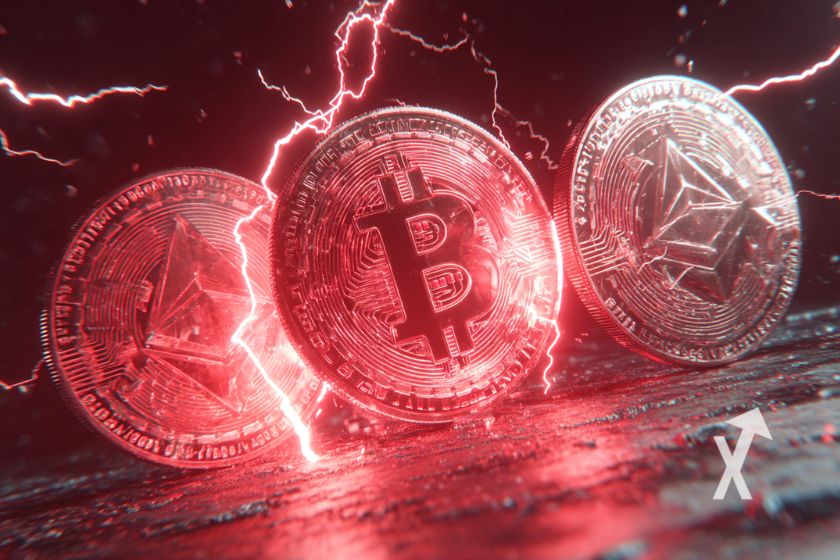 3 cryptos tokens (BTC, ETH, XRP) dans une ambiance rouge et noirs avec des élcairs rouges