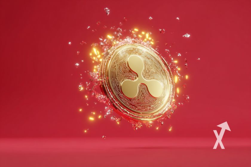 coin XRP sur un fond rouge avec des étincelles autour