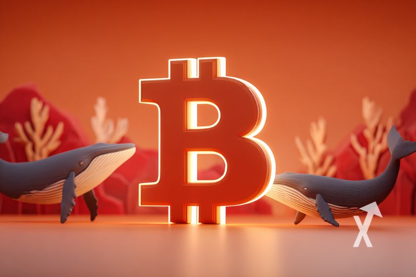 BITCON logo en rouge avec des baleines et des plantes jaunes sur un fond rouge