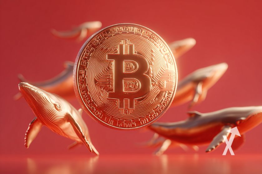 Des baleines avec un coin Bitcoin dorée sur un fond rouge
