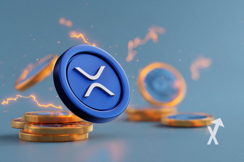 Coin du XRP en bleu sur un fond bleu/gris avec des jetons dorés en fond et de l'électricité autour des jetons