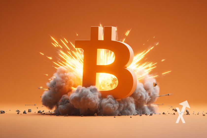 Bitcoin coin 3D avec une explosion derrière sur un fond orange avec de la fumée en dessous