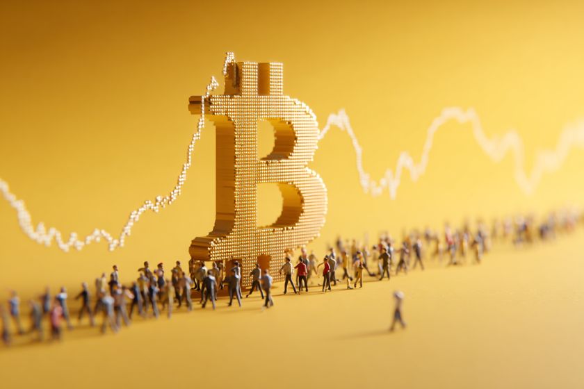 Bitcoin logo avecnune trendline jaune et un mur de personne às son pied sur un fond jaune