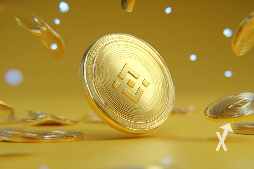 Binance coin doré sur un fond jaune avec d'autres coins en fond