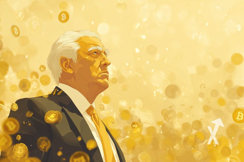 donald trump dans un fond jaune avec des bitcoin partout autour et de la fumée blanche