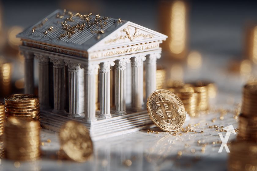 Banque blanche sur un fond gris avec des coins Bitcoin posés tout autour