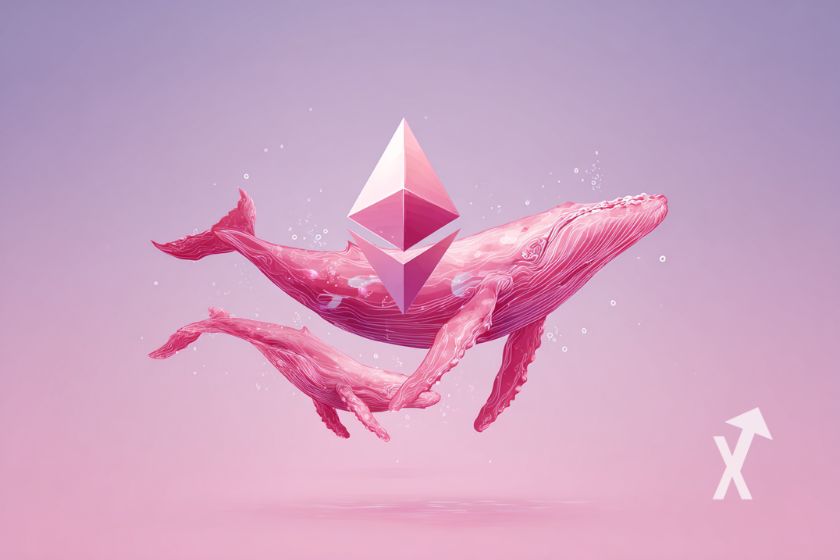 logo ethereum rose avec des baleines roses sur un fond violet et rose