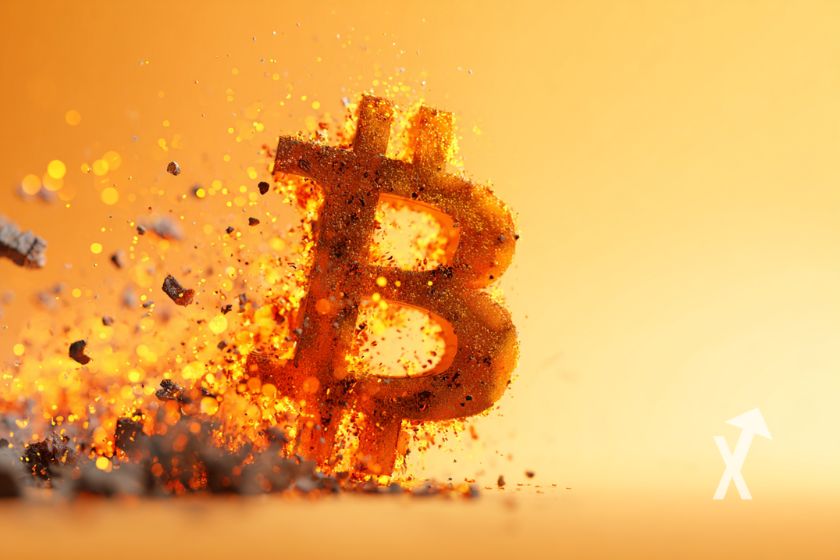 Bitcoin en orange avec débris et explosions de flamme derrière sur un fond jaune