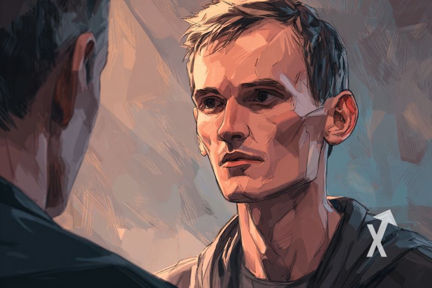 Vitalik buterin en style cartoon qui parle à un homme de dos sur un fond marron
