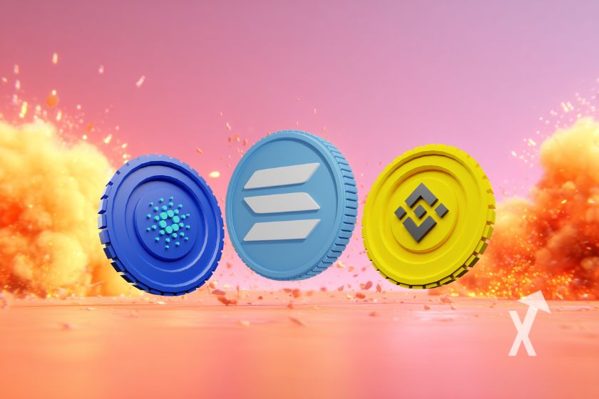 3 coins ADA SOL et BNB sur un fond rose avec des explosions oranges derrière
