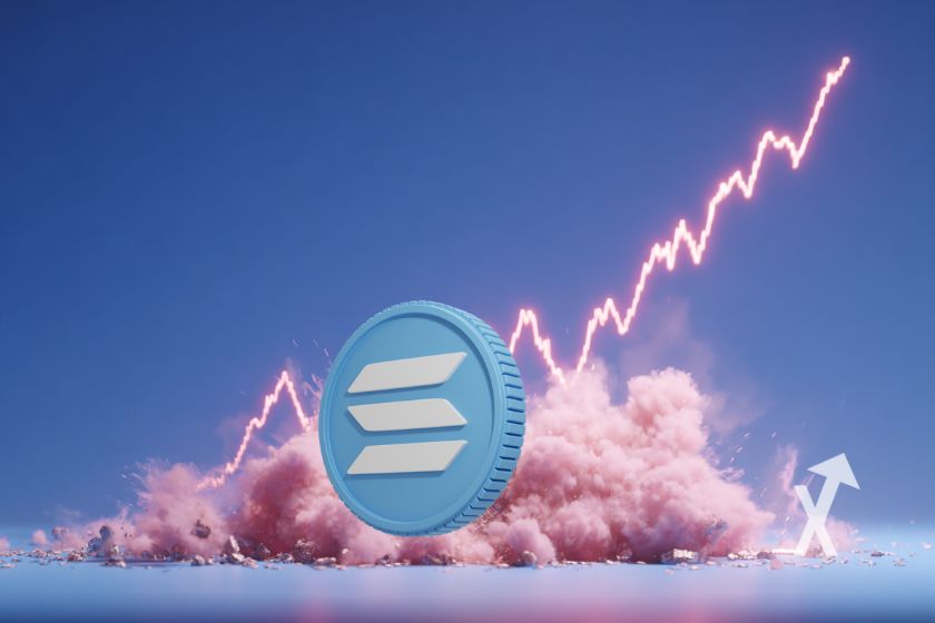 Solana coin avec trendline price en rose et fumée rose sur un fond bleu