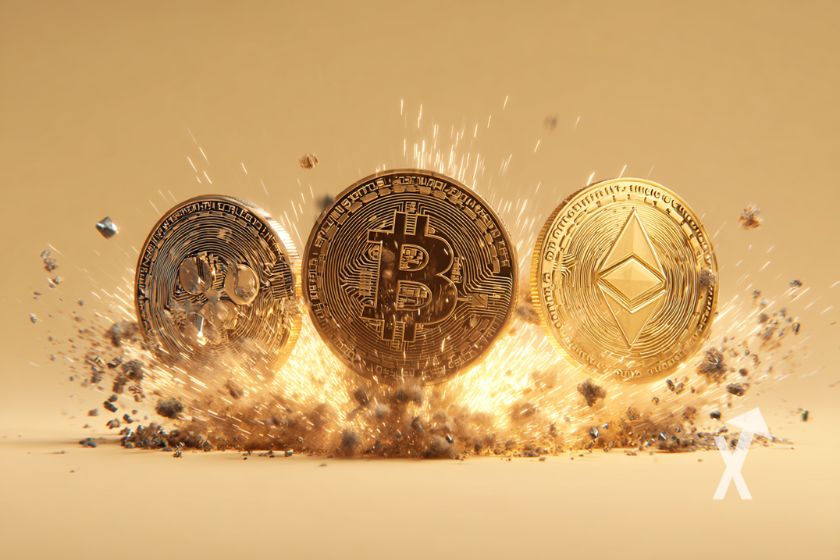 3 cryptos tokens (BTC, ETH, XRP) en or sur un fond jaune avec des explosions en dessous des jetons