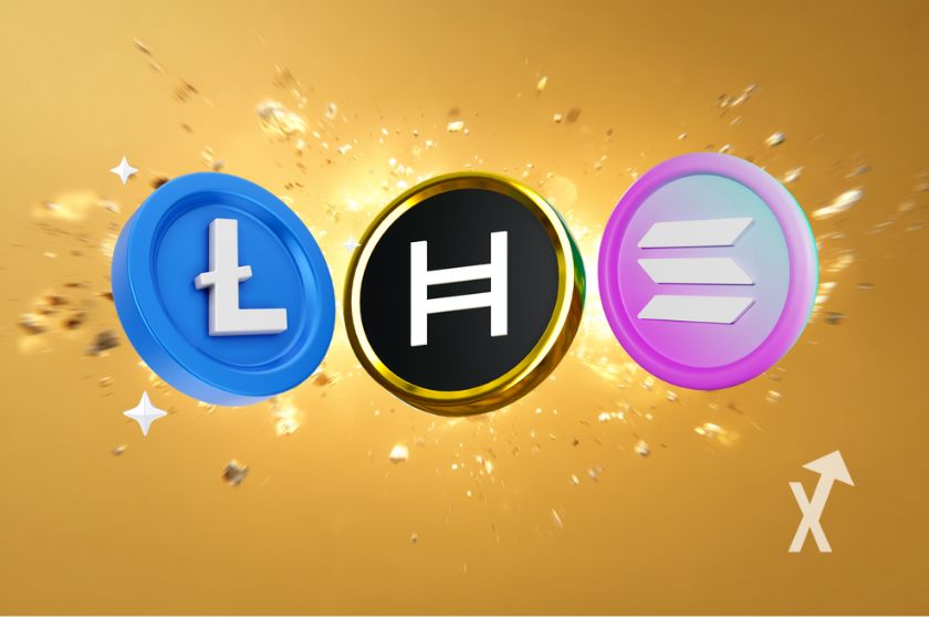 coin HBAR SOL et Litecoin sur un fond jaune avec explosion derrière