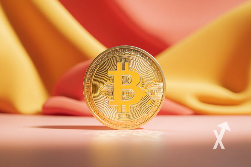 Bitcoin coin en jaune sur un fond rose et des tissus ondulés en rouges et jaunes en fond
