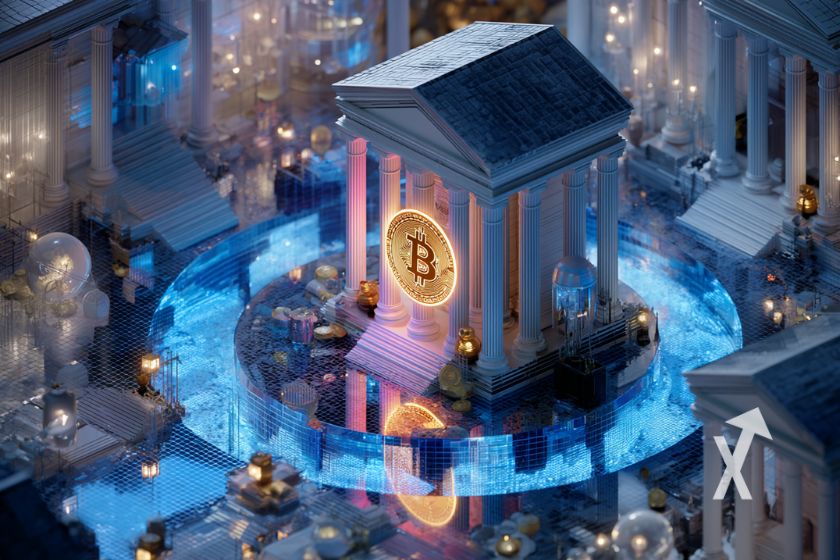 Banque institution avec un Bitcoin sur un fond bleu