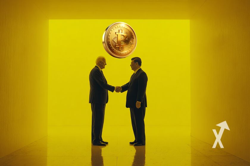 trump et le président chinois XI qui se serrent la main sur un fond jaune