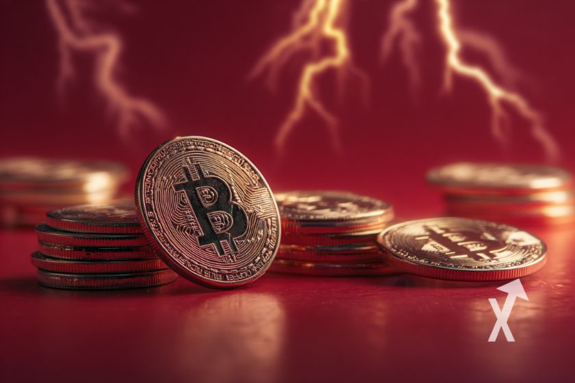 coin Bitcoin en 3D empilés sur un fond rouge avec des éclairs en fond