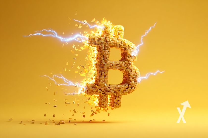 Bitcoin logo en cube jaune et électricité autour sur un fond jaune