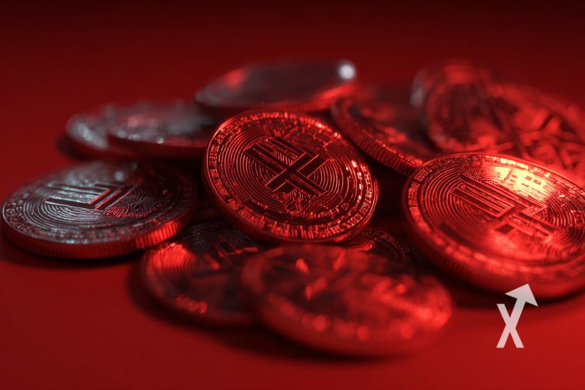 Ambiance rouge avec des cryptos tokens sur un sol rouge