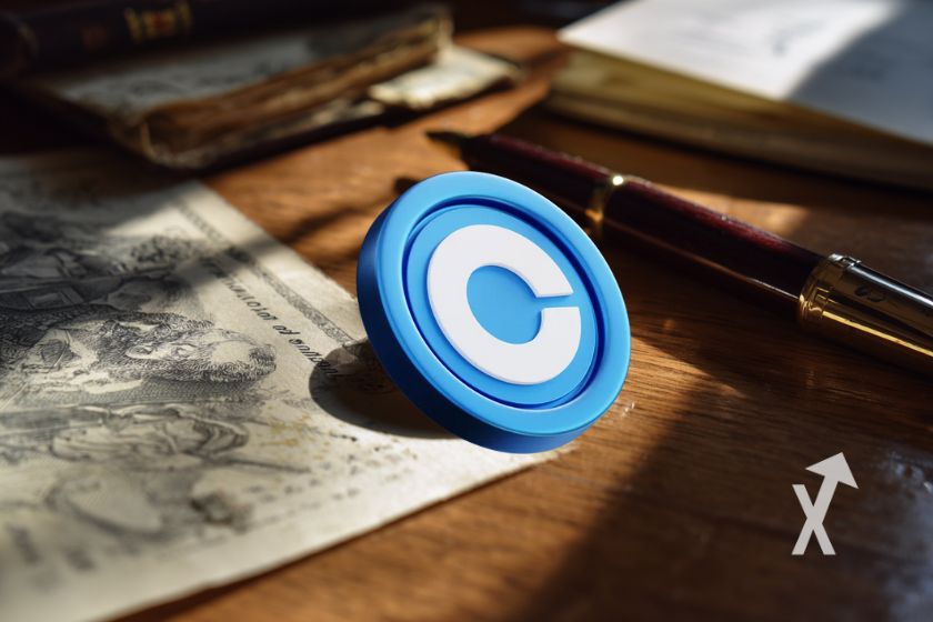 Coinbase icon coin en 3D sur un bureau avec un journal, une feuille et un stylo