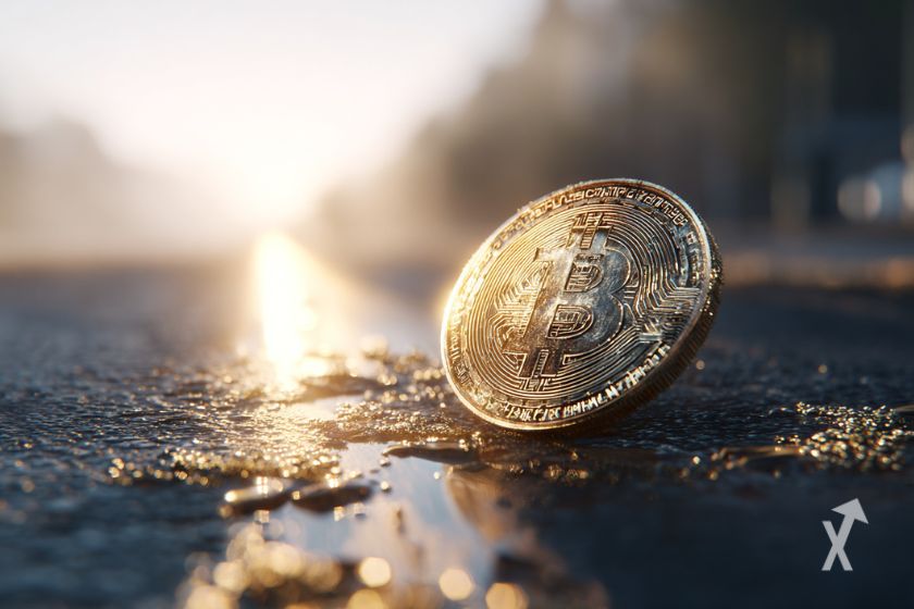 Une pièce de Bitcoin placée au milieu d'une route ensoleillée