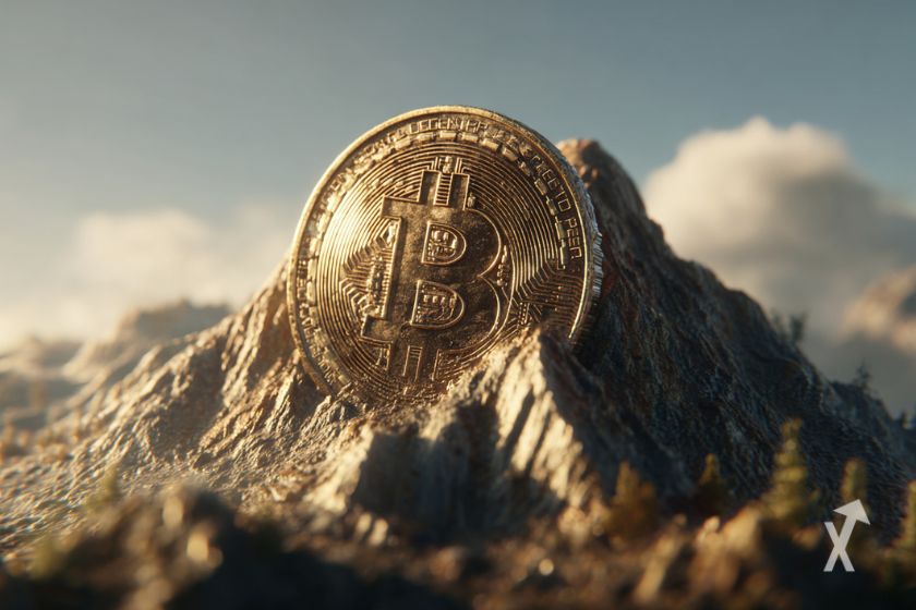 Une pièce de Bitcoin dans la montagne