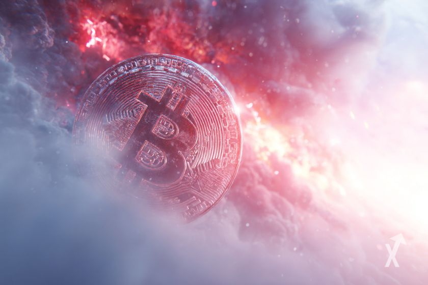 Une pièce de Bitcoin prise dans une tempête rouge