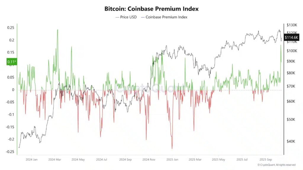 Un graphique du prix de Bitcoin (BTC) en USD et l'indice Coinbase Premium