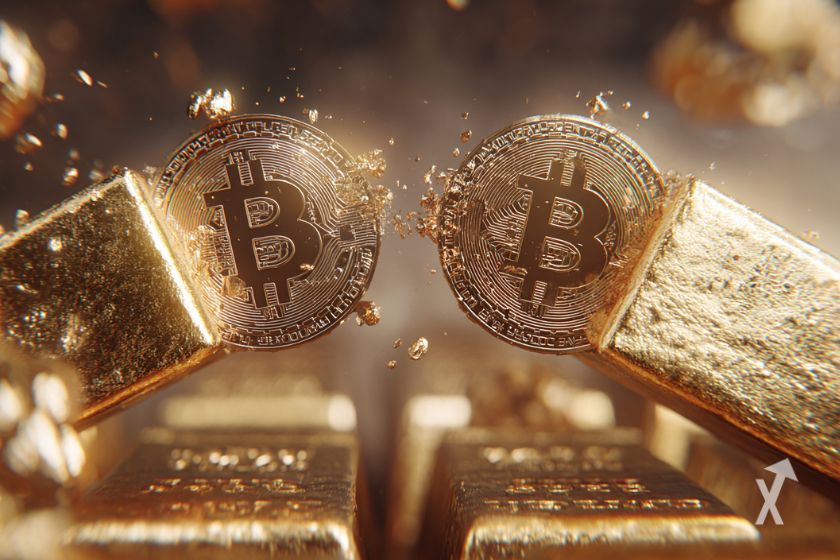 Deux pièces de Bitcoin au milieu de nombreux lingots d'or