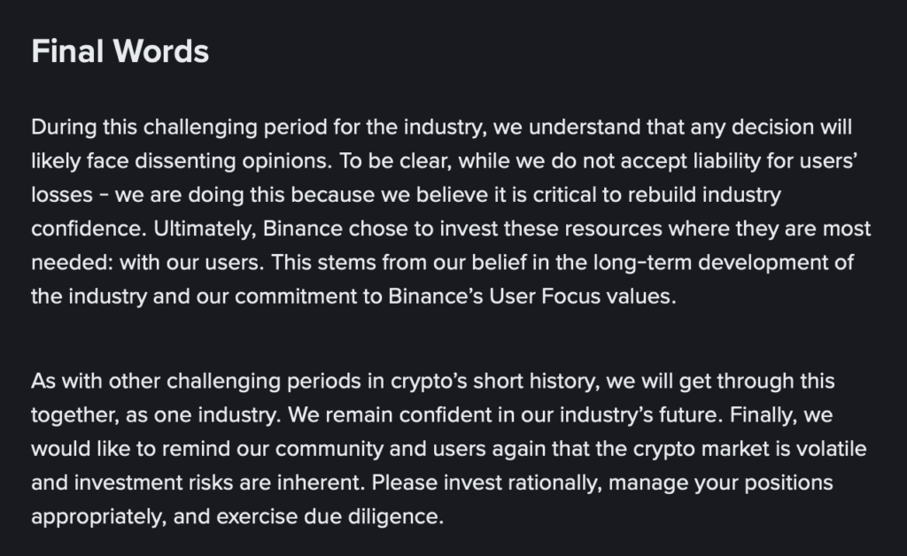 communiqué sur fond noir de binance bnb à propos de l'industrie