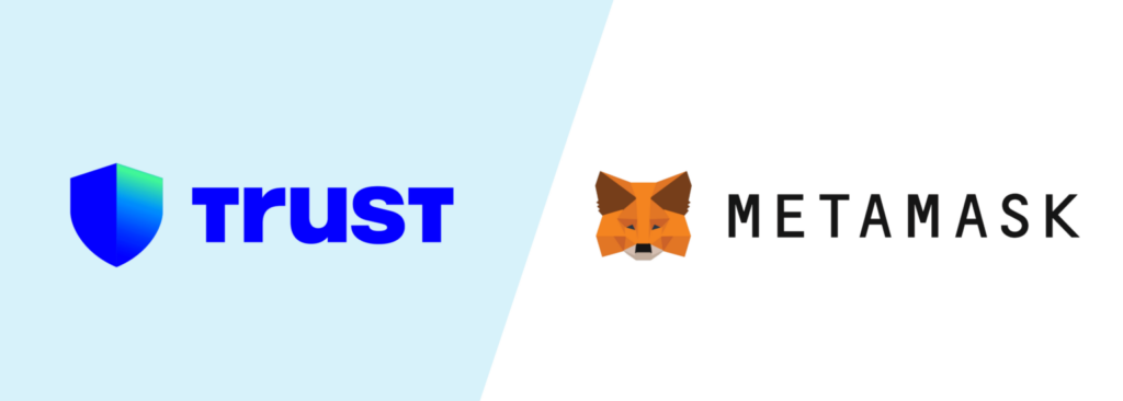 trust logo bleu sur fond bleu et metamask avec logo renard sur fond blanc