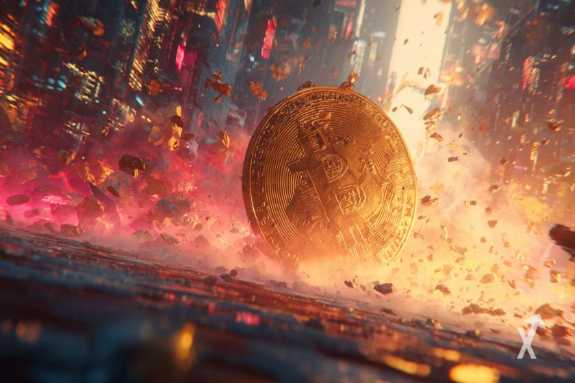 Une énorme pièce de Bitcoin en or s'écrasant au milieu d'une ville futuriste