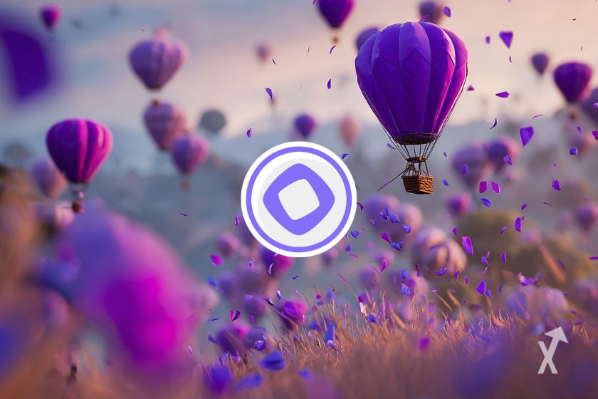 Des montgolfières violettes avec le logo Monad centré