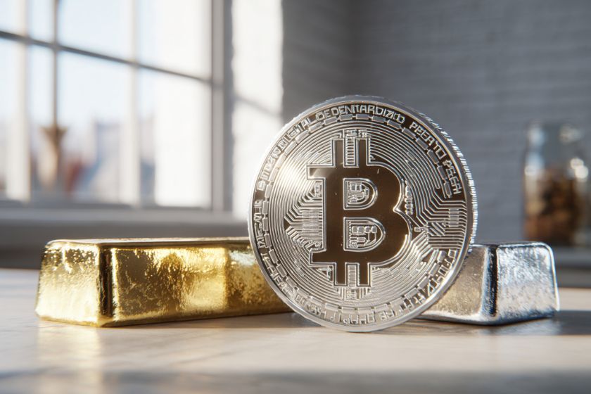 Un lingot d'or, une pièce de Bitcoin et un lingot d'argent sur la table d'une pièce ensoleillée