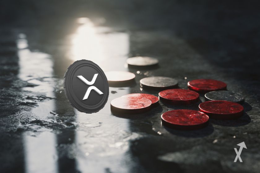 Le token XRP avec des pièces grises et rouges sur le sol avec une flaque d'eau